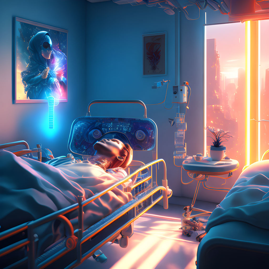 Futuristic hospital room with neon lights, robot assistant, and cosmic art