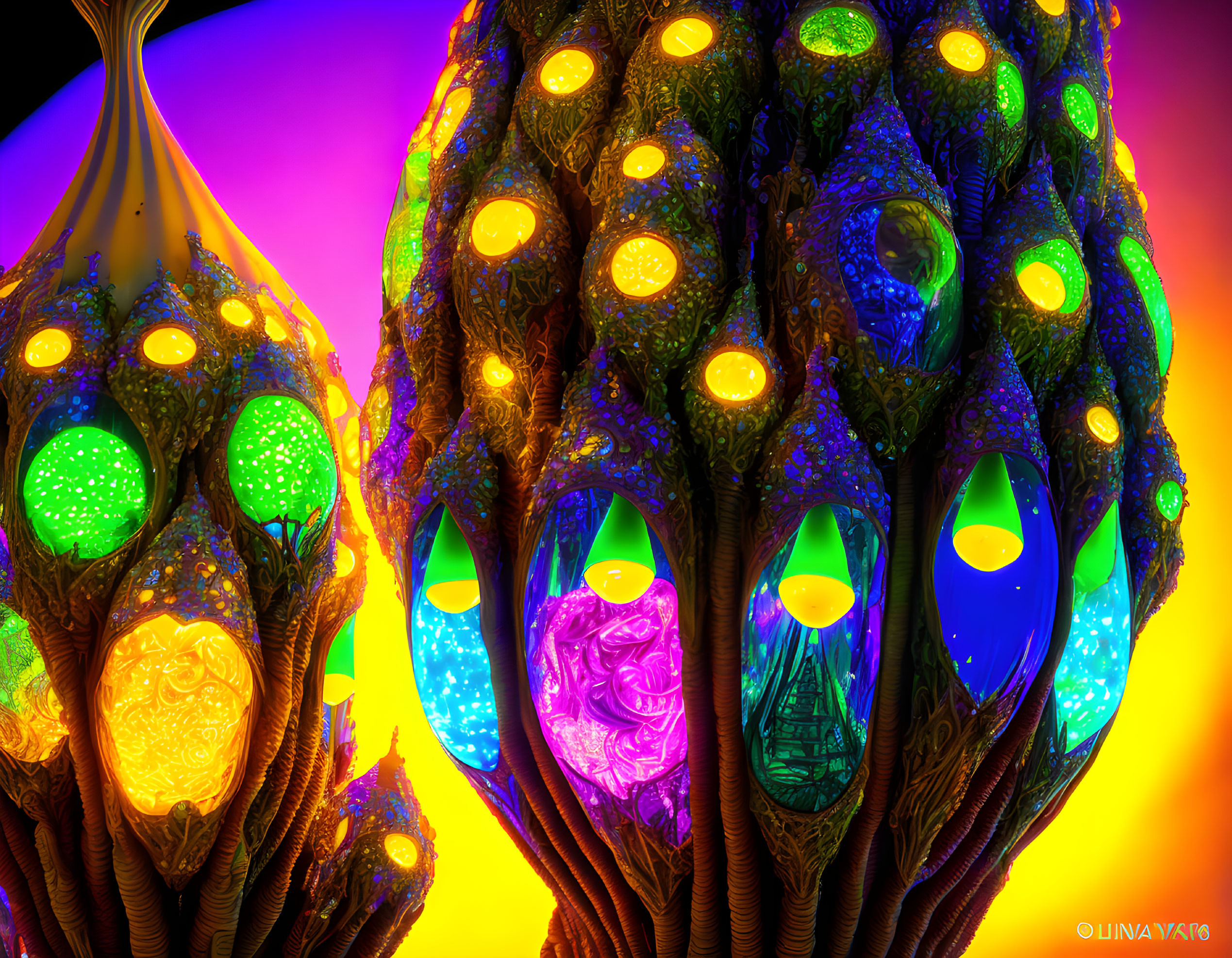 Colorful digital artwork: Fantastical tree with glowing orbs and neon backdrop