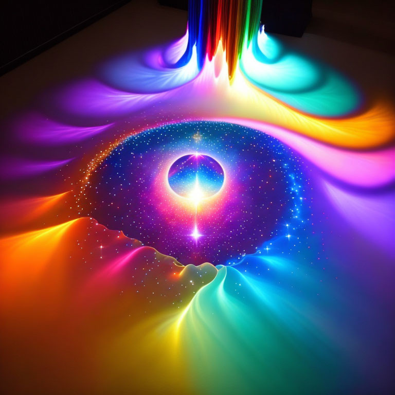 Colorful Light Installation Featuring Flowing Fabrics and Eye Motif