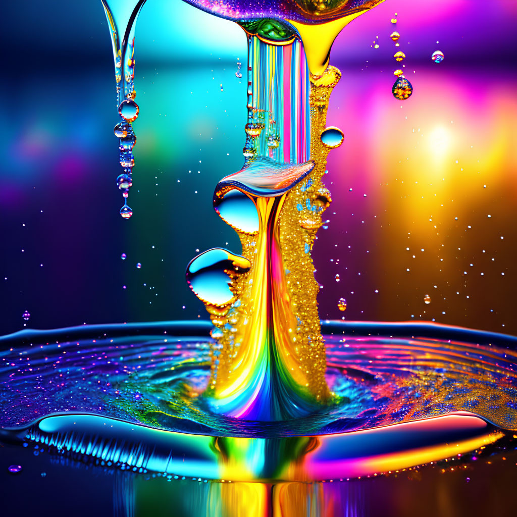 Colorful liquid art: water droplets and ripples on glossy rainbow background