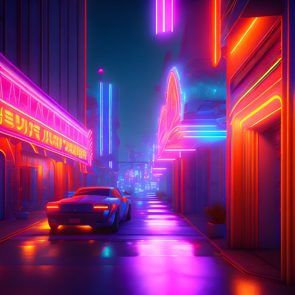 Futuristic neon-lit cityscape with sleek car and vibrant lights