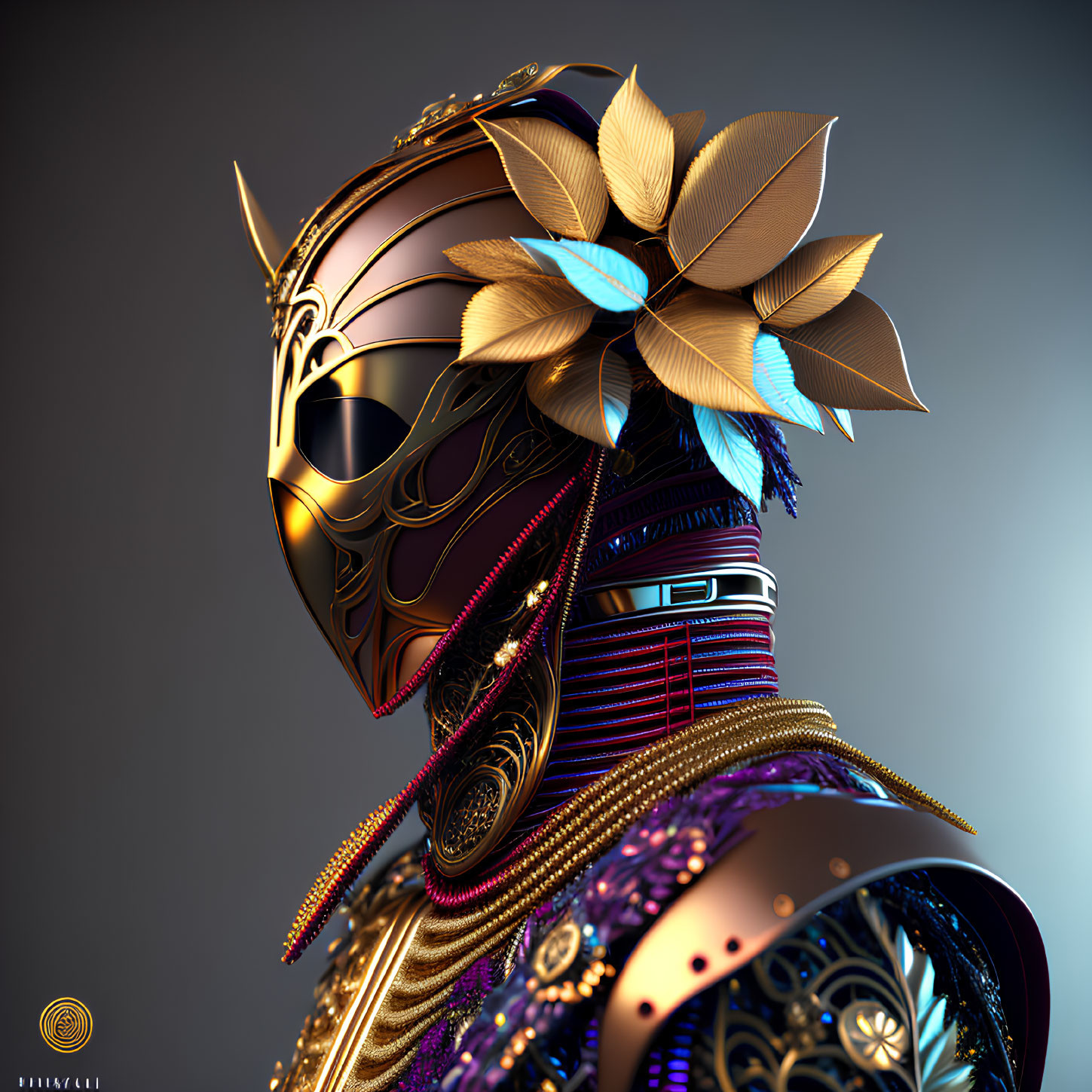 Detailed Digital Artwork of Futuristic Knight Helmet with Intricate Patterns and Golden Accents