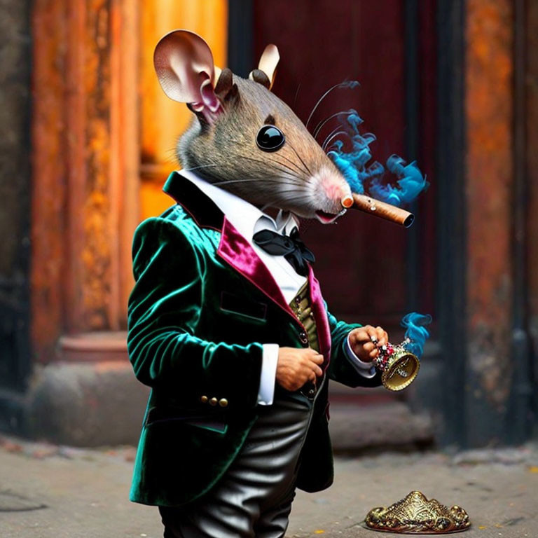 Stylish anthropomorphic rat in green jacket with monocle & cigar