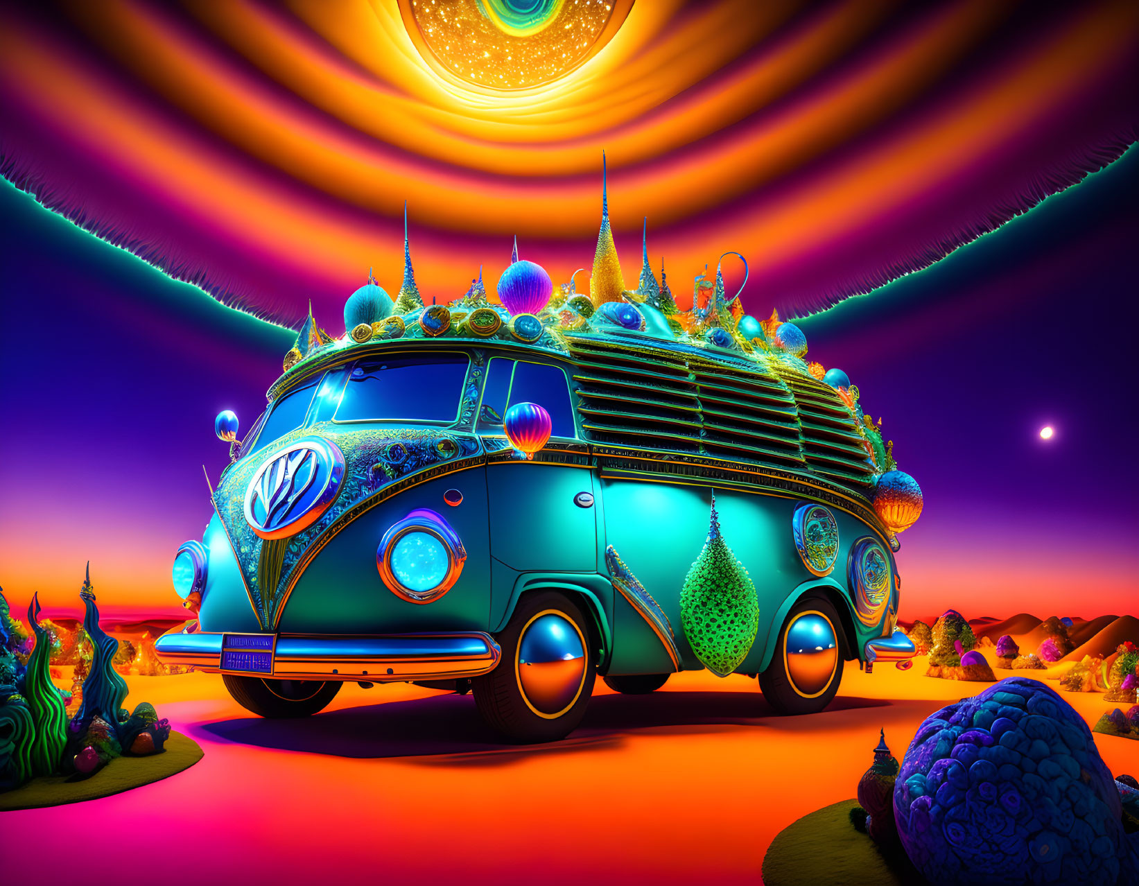 Colorful Psychedelic Volkswagen Van Illustration in Alien Landscape