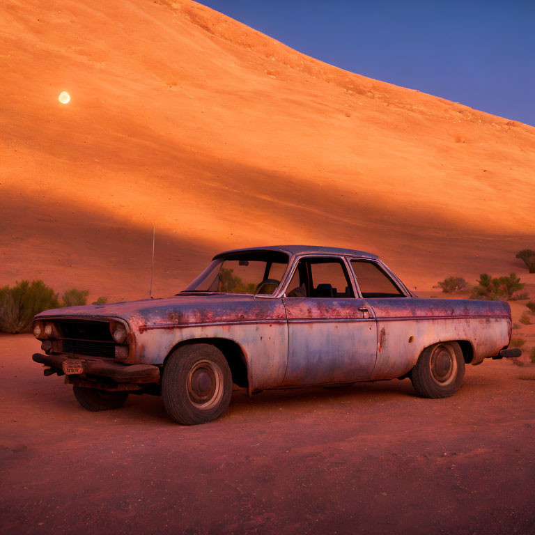 Rusty abandoned car under twilight sky with sand dune and moon