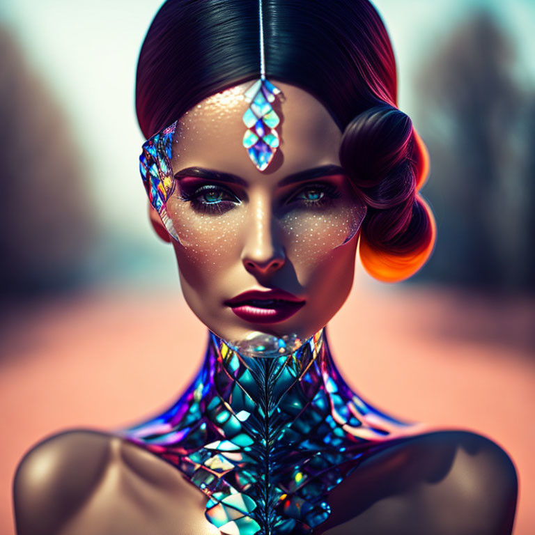 Stylized image of woman with sleek hair and gemstone accent