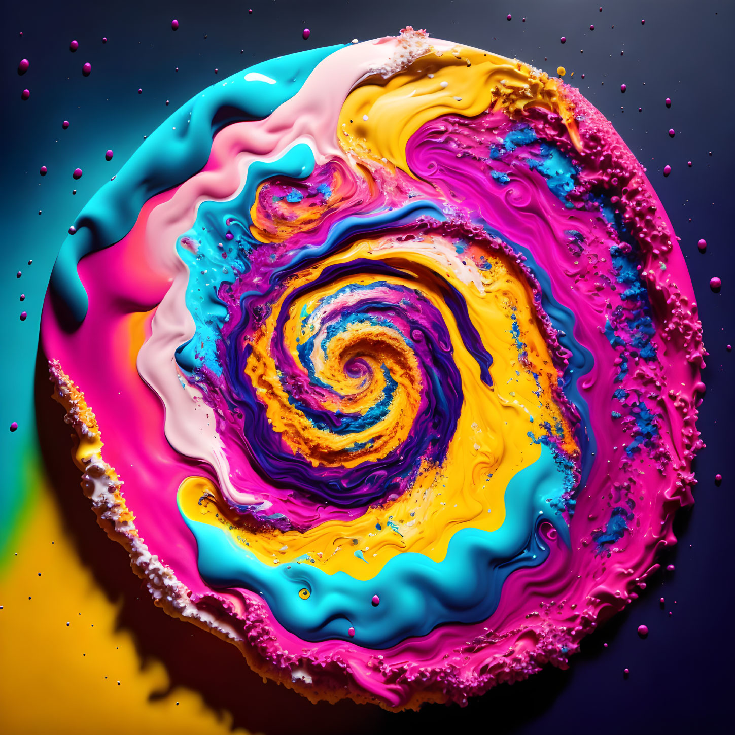 Colorful Galaxy-Inspired Swirl Painting with Pink, Blue, Yellow, and Purple Hues