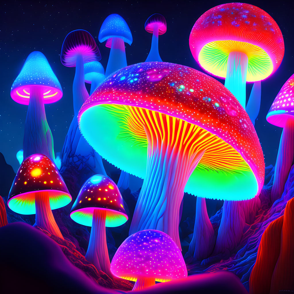 Luminescent colorful mushrooms in fantastical forest setting