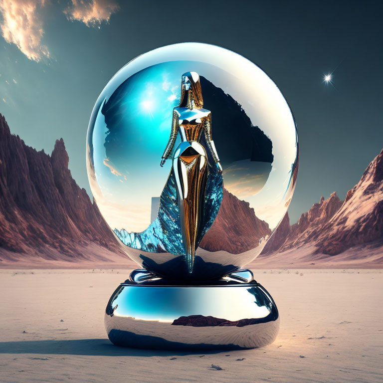 Metallic Female Figure in Glass Orb in Surreal Desert Landscape