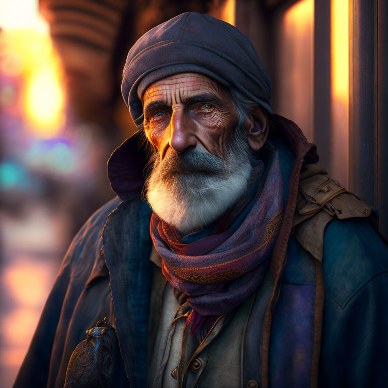 Elderly man portrait with beard, cap, and scarf in city lights background