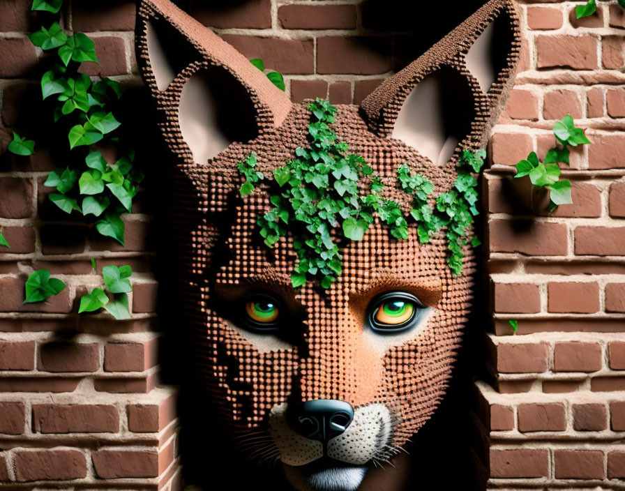 Large 3D Wolf Head Sculpture with Green Eyes and Ivy on Brick Wall