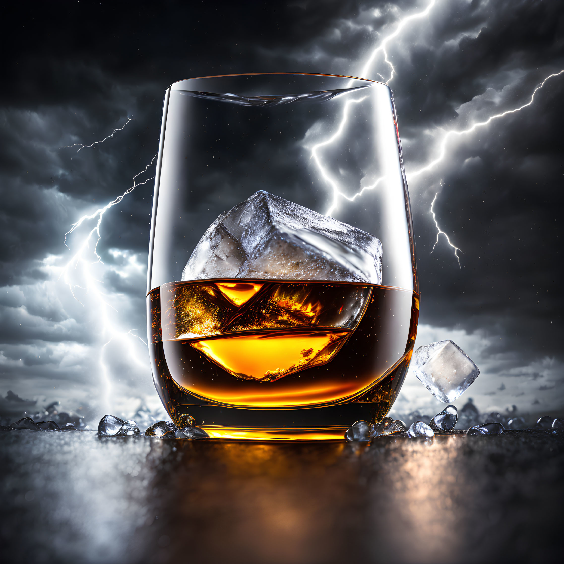 Glass of Whiskey with Ice on Reflective Surface Against Stormy Background with Lightning Bolts