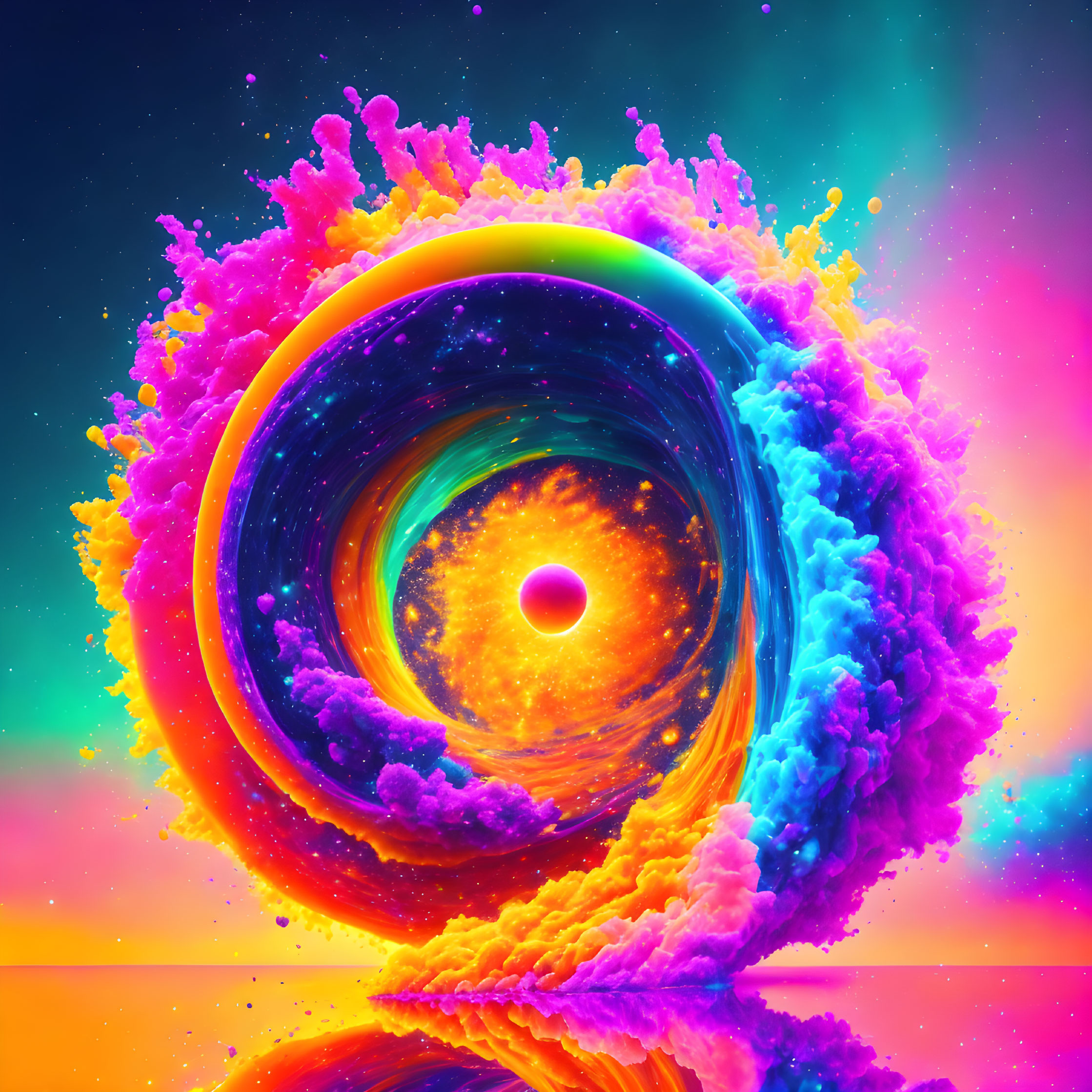 Colorful swirling vortex with neon clouds on multicolored backdrop