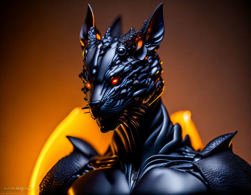 Black Dragon-Like Creature Figurine with Red Eyes and Orange Accents