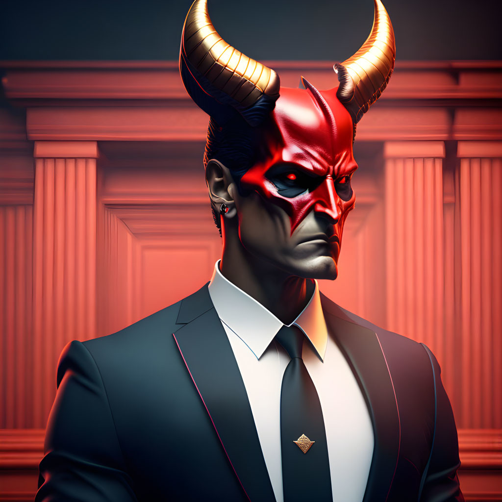 Stylized illustration of person in devilish red mask and black suit against classical backdrop