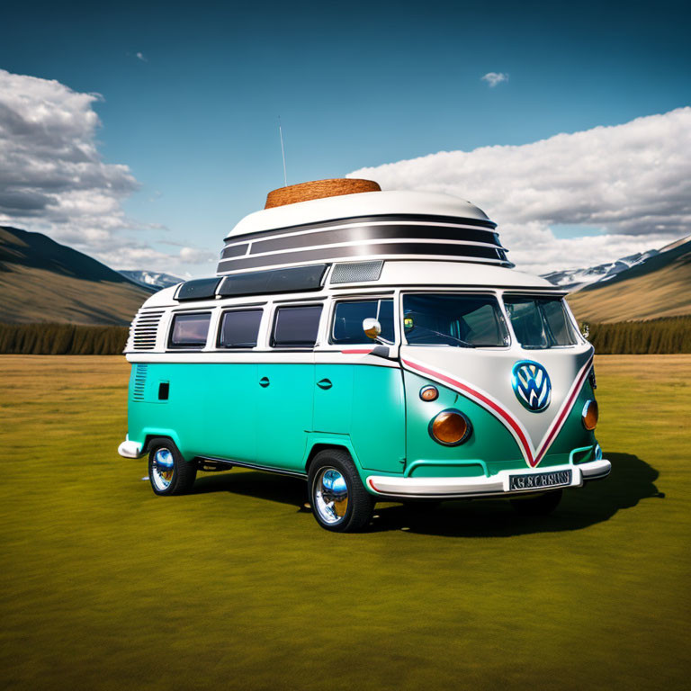 Whimsical turquoise and white Volkswagen bus with pancakes on top in grassy field.