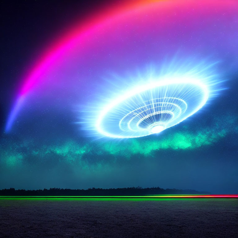 Vivid aurora with glowing UFO above dark night landscape