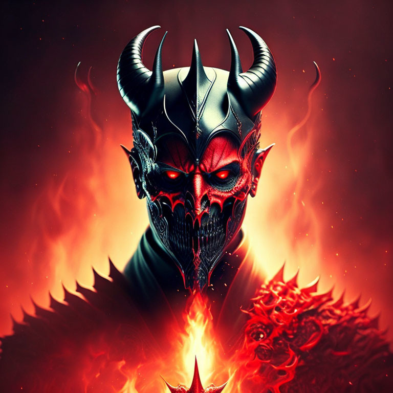 Sinister demonic figure with red eyes, black horns, and fiery backdrop