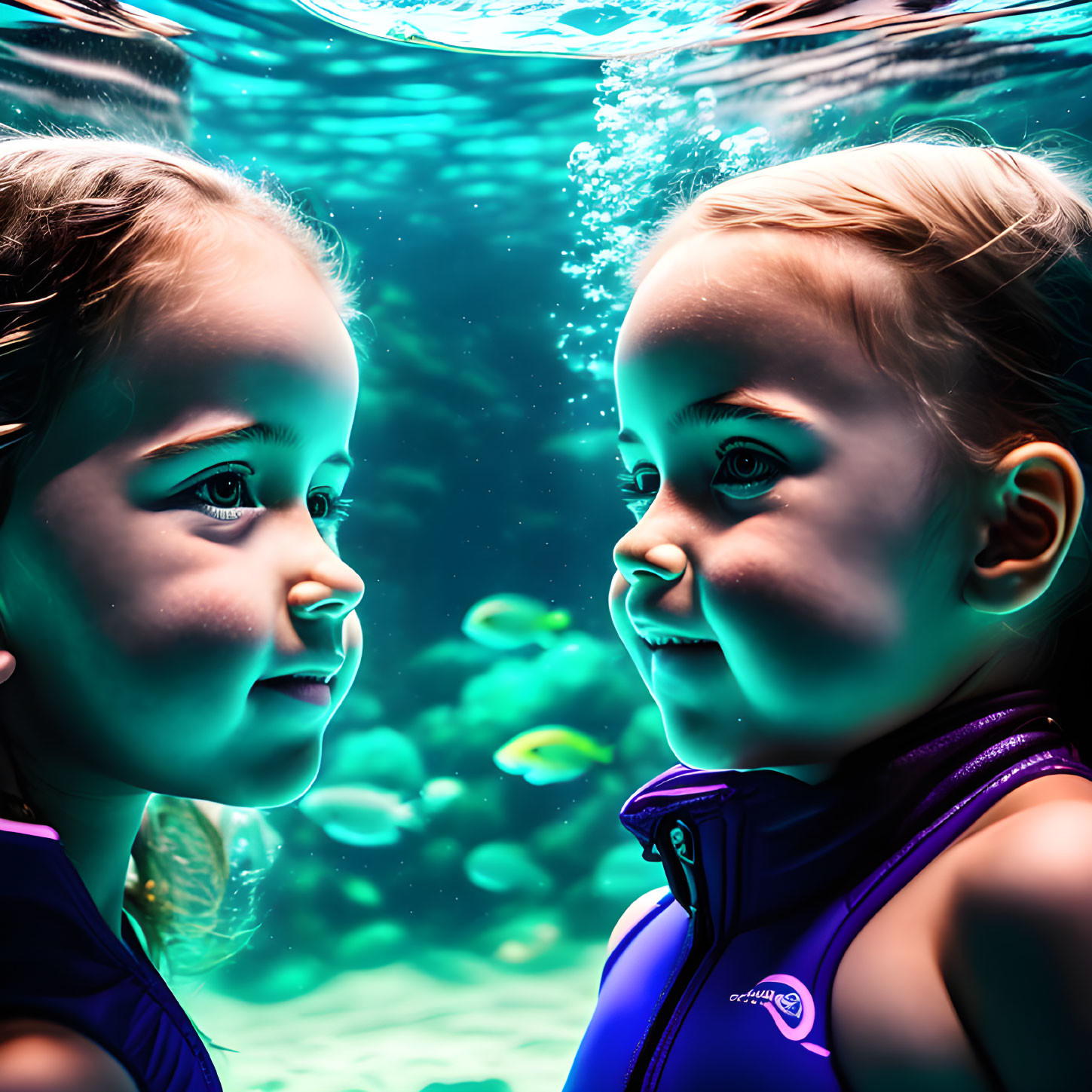 Two young girls underwater with bubbles, one in blue swimsuit with dolphin logo.