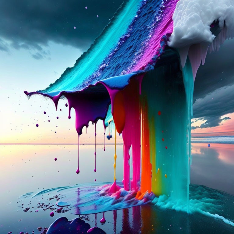 Colorful surreal melting iceberg against ocean and sky backdrop