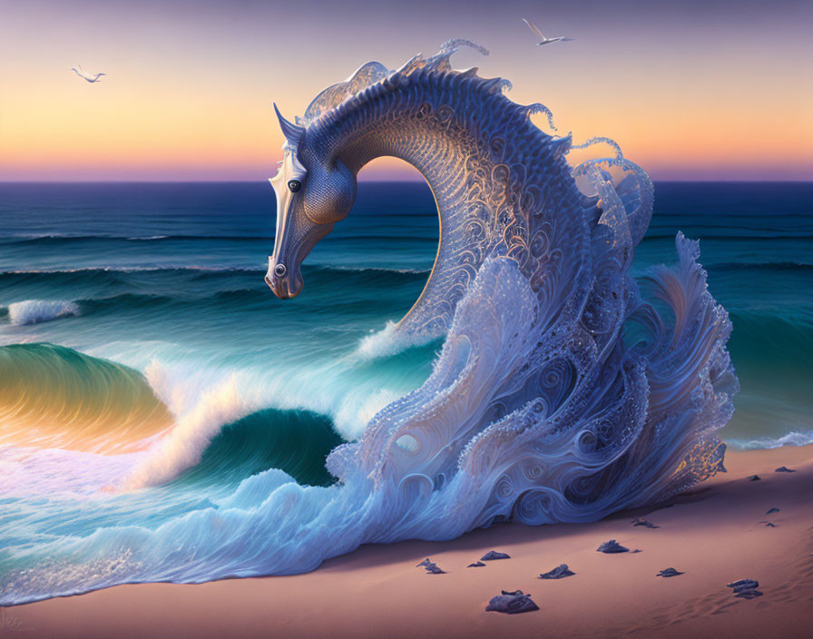 Surreal horse illustration with wave mane and beach sunset scene