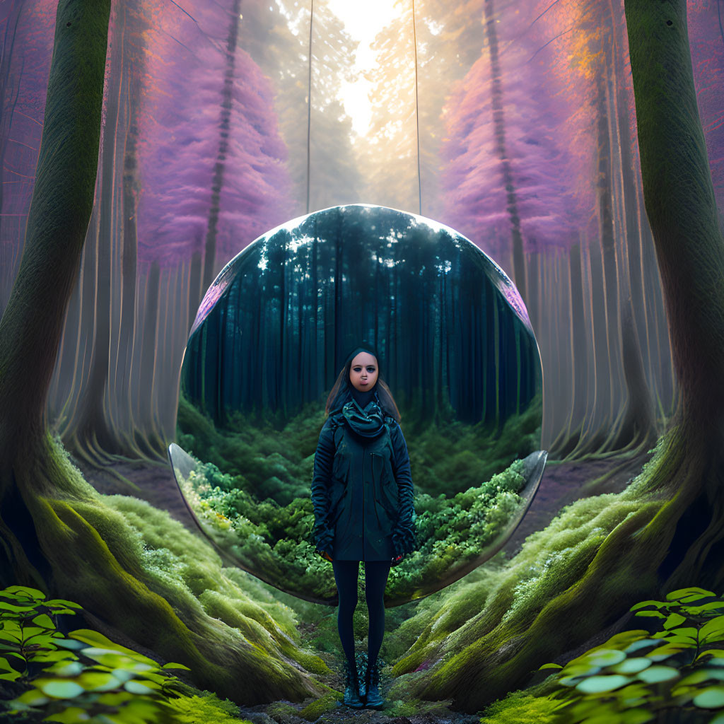 Surreal circular portal in mystical forest with purple and green hues