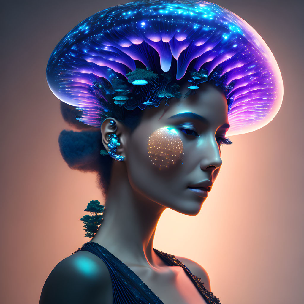 Woman with Bioluminescent Jellyfish Headwear in Blue and Purple