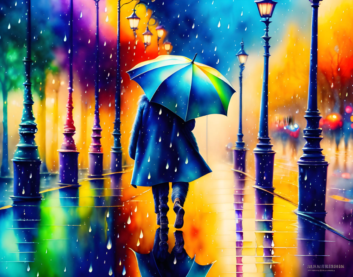 Vibrant illustration of person with umbrella in rainy cityscape