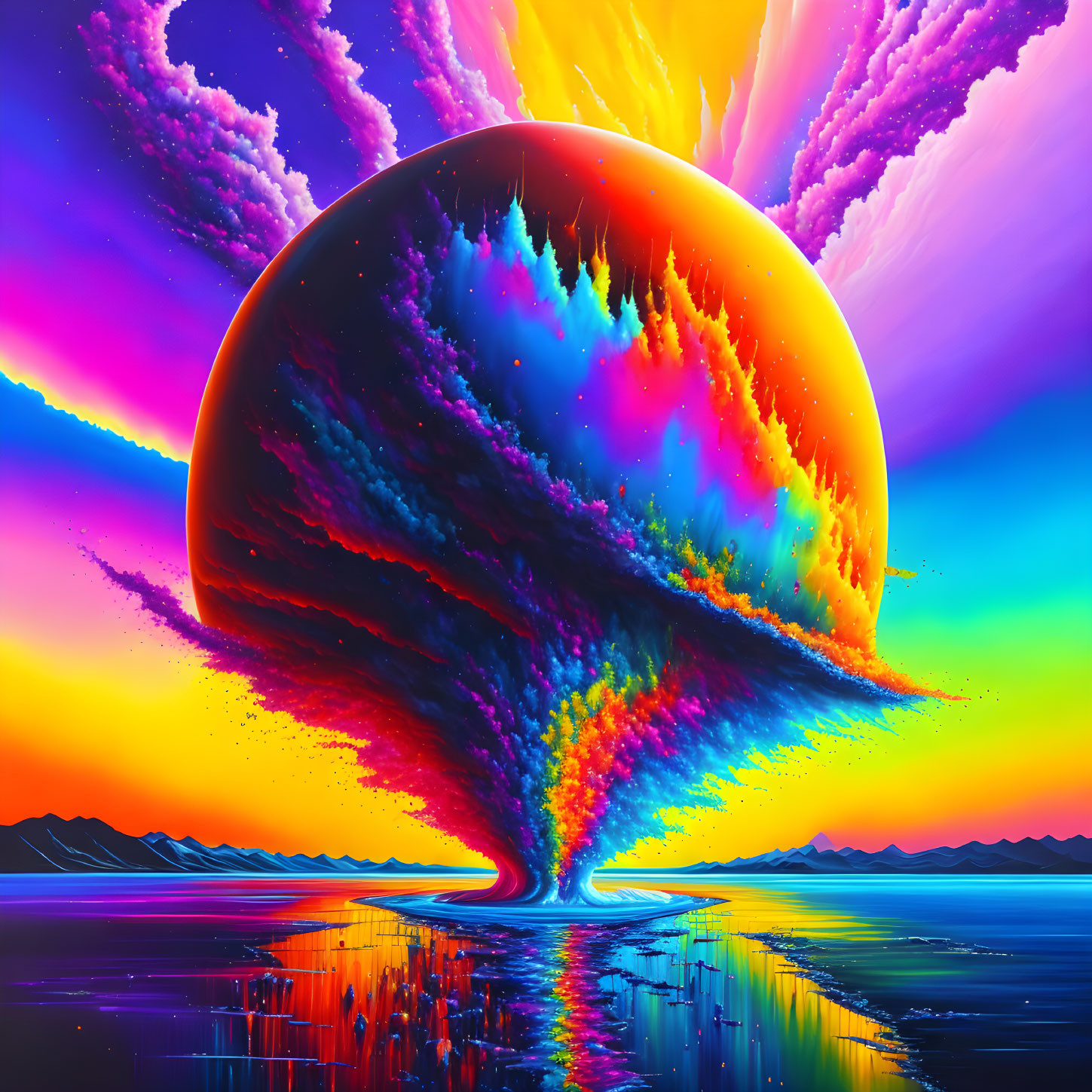 Colorful digital artwork: Large planet, rainbow clouds, radiant light beams