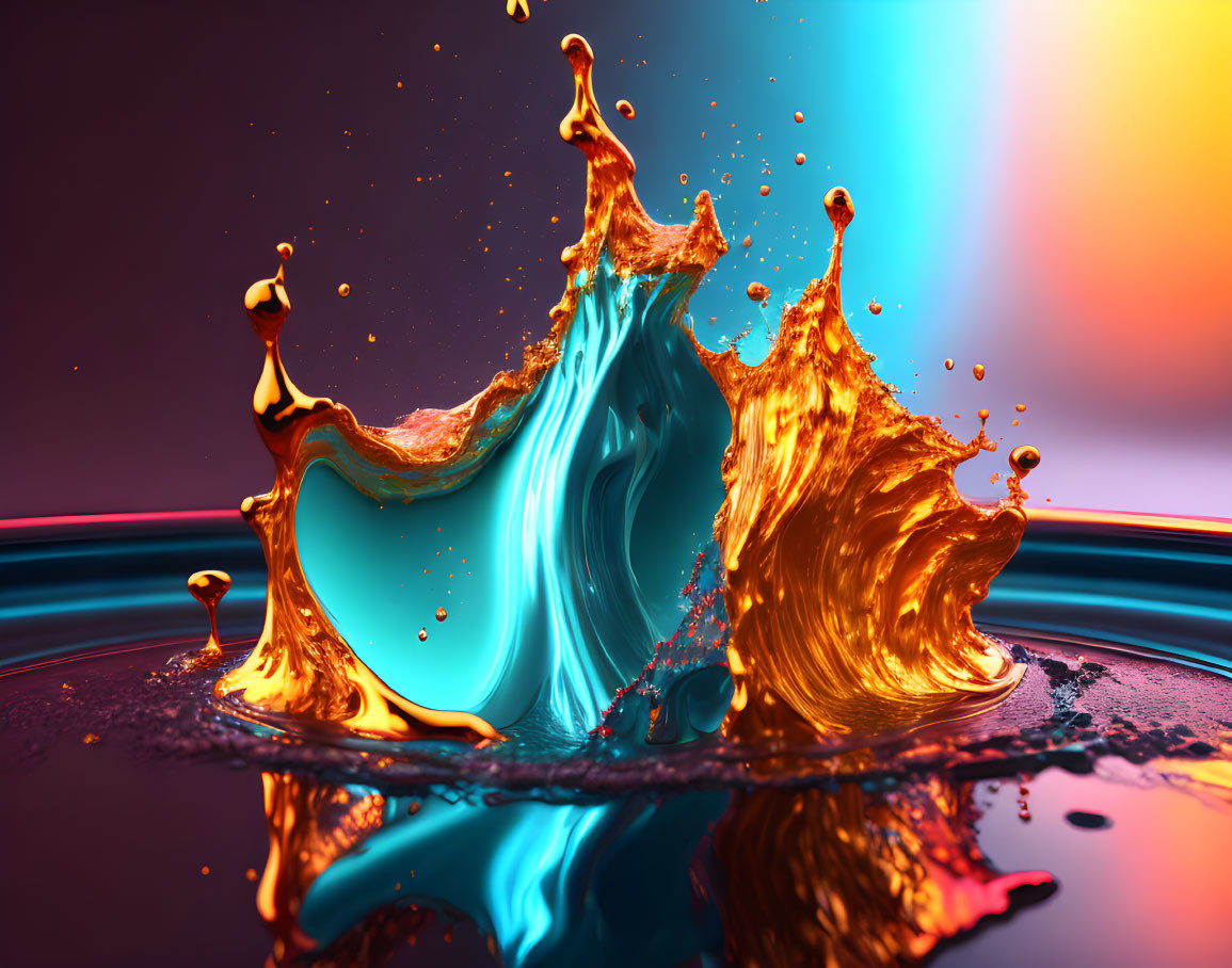 Vibrant Blue and Orange Liquid Splash on Gradient Purple Background