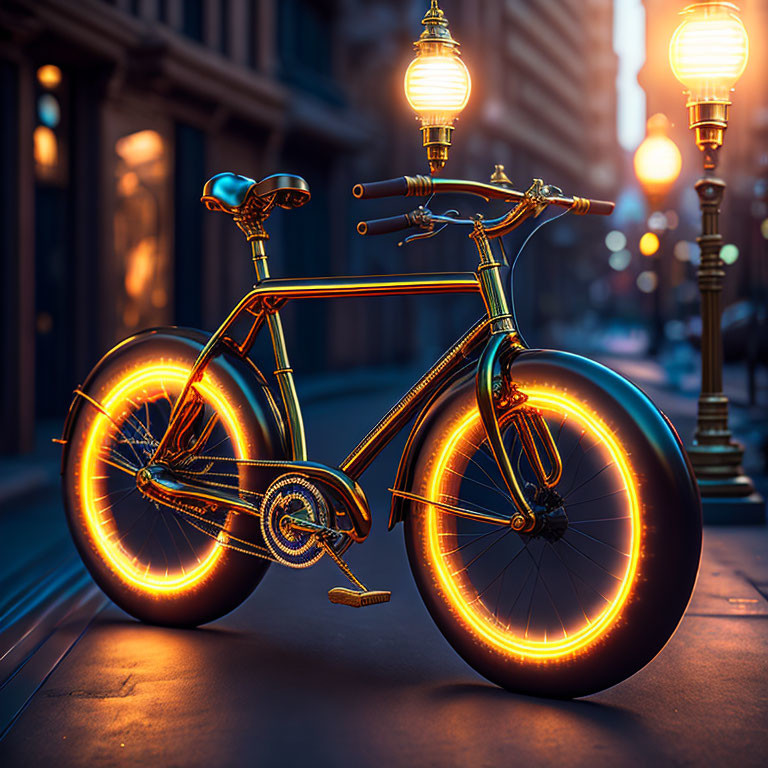 Illuminated bicycle with glowing wheels in city street at dusk