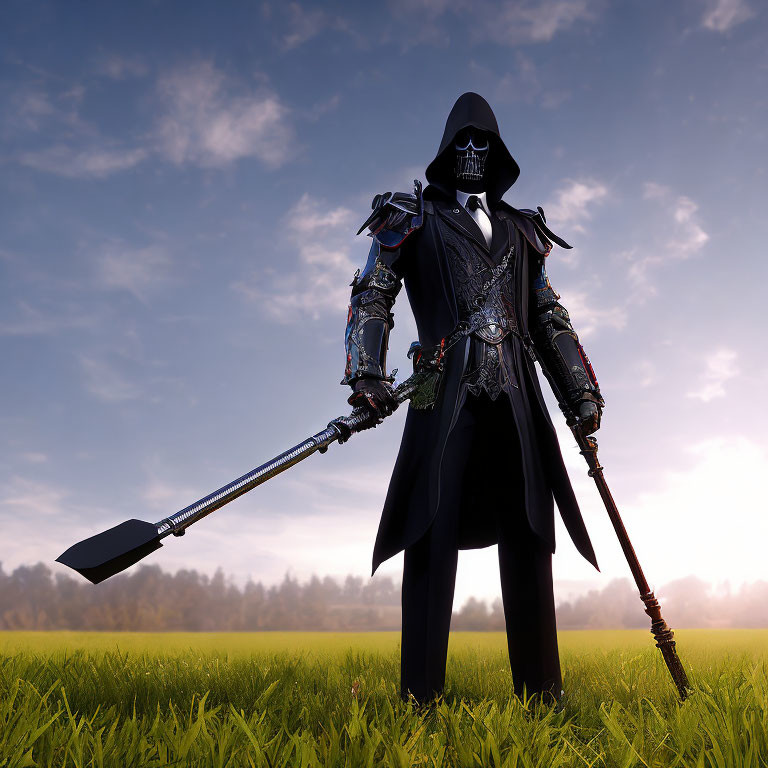 Dark Cloaked Figure with Scythe in Grassy Field at Dawn