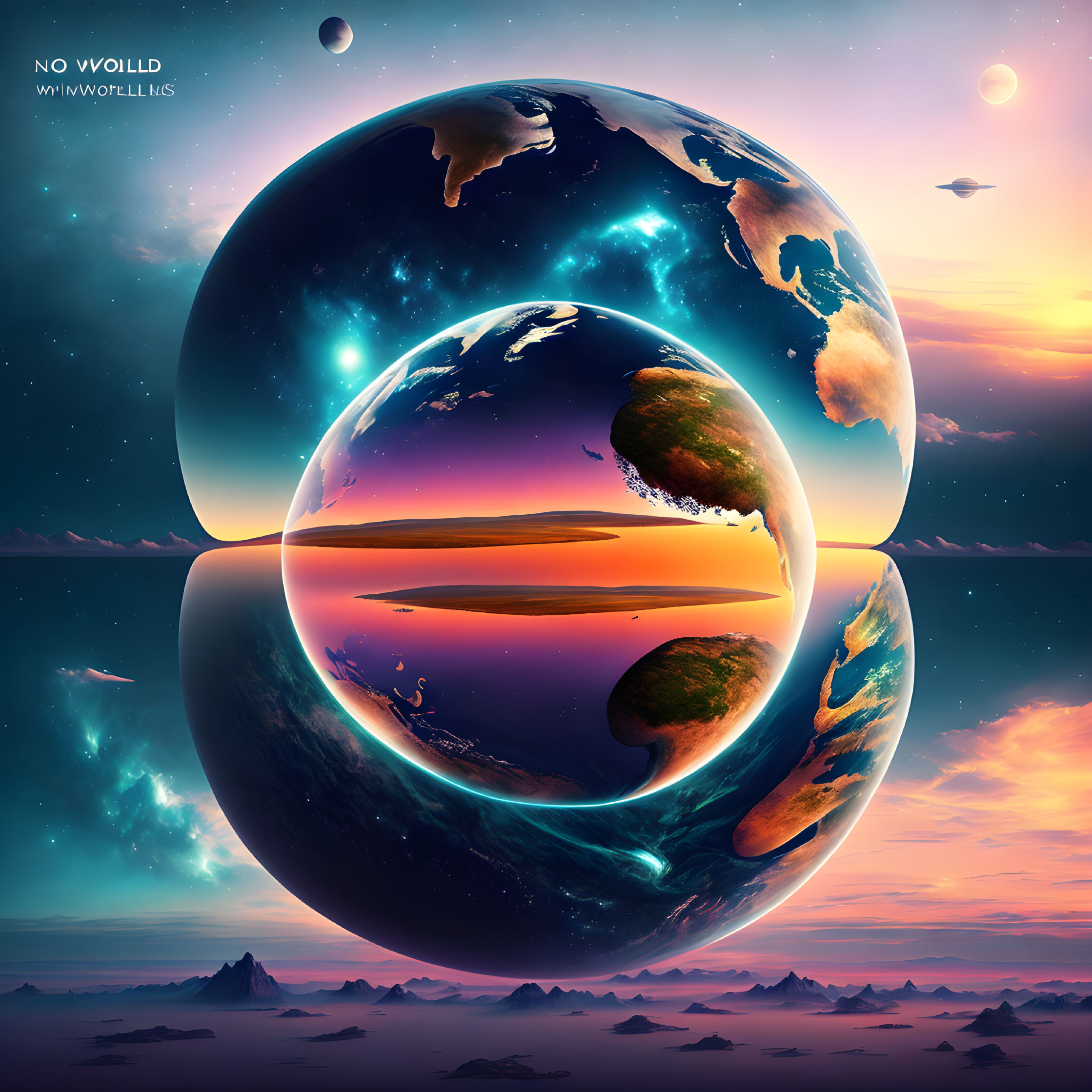 Surreal digital artwork: Earth-like planets in cosmic circle