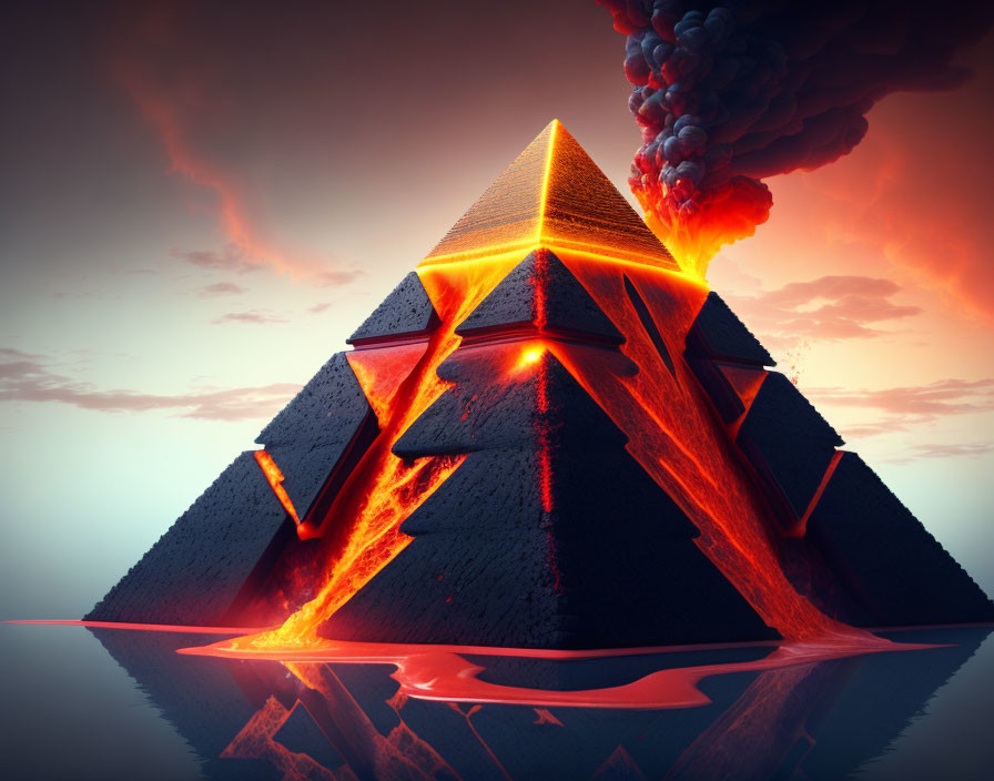 Pyramid Erupting with Molten Lava and Flowing into Water