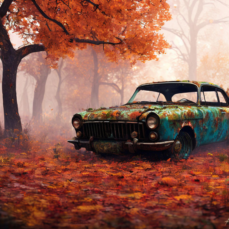 Abandoned rusty car under autumn trees with fallen leaves and misty forest.