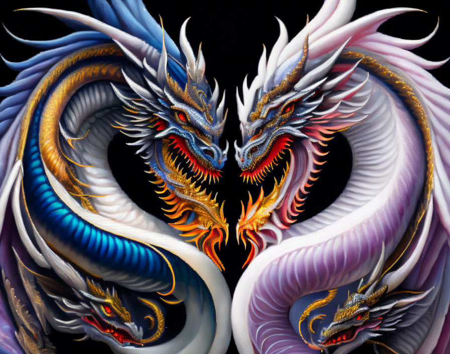 Intricately designed dragons in yin-yang motif on black background