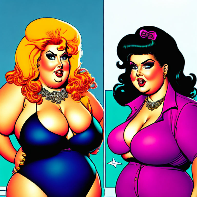 Stylized illustrations of confident woman in blue swimsuit and pink uniform