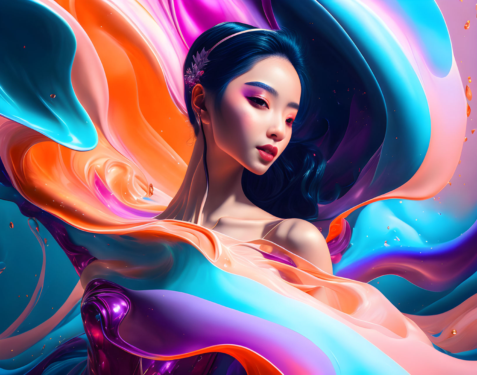 Colorful Abstract Shapes Surround Woman in Digital Art