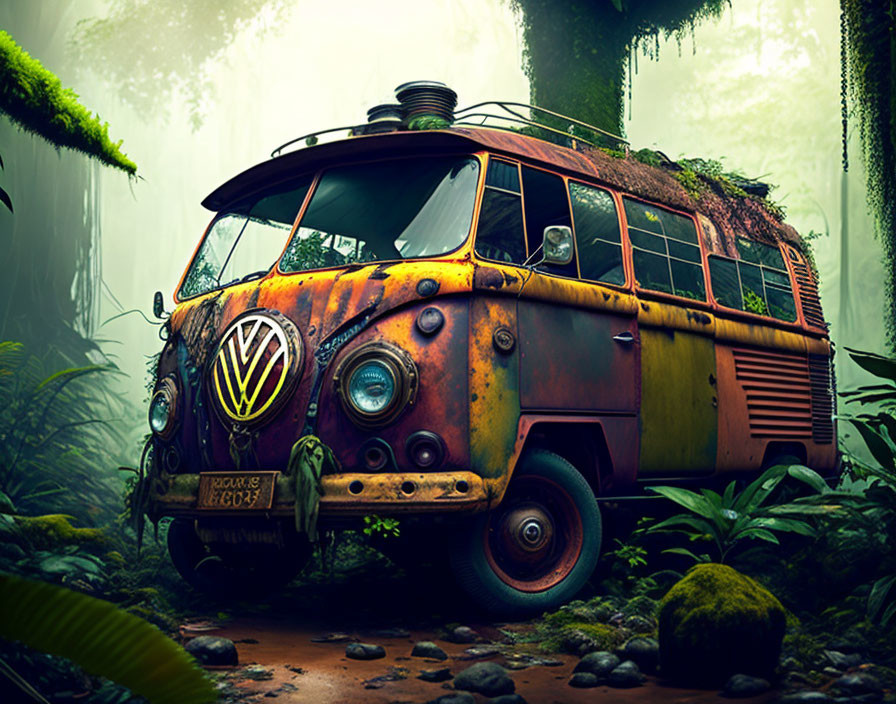 Rusted Volkswagen van in lush green forest with roof rack