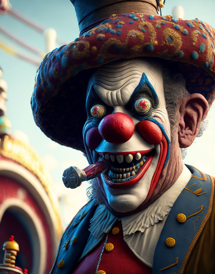 Colorful Clown with Wide Grin, Oversized Hat, and Cigar in Circus Setting