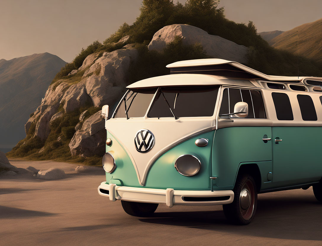 Vintage Volkswagen Bus with Surfboard on Sandy Road at Dusk