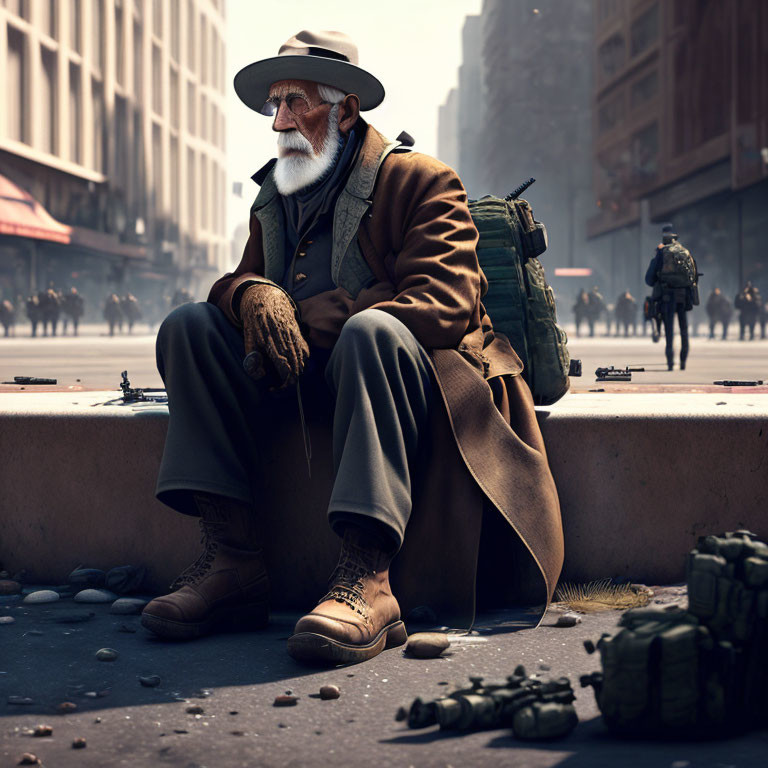 Elderly man with beard surrounded by toy soldiers in desolate cityscape