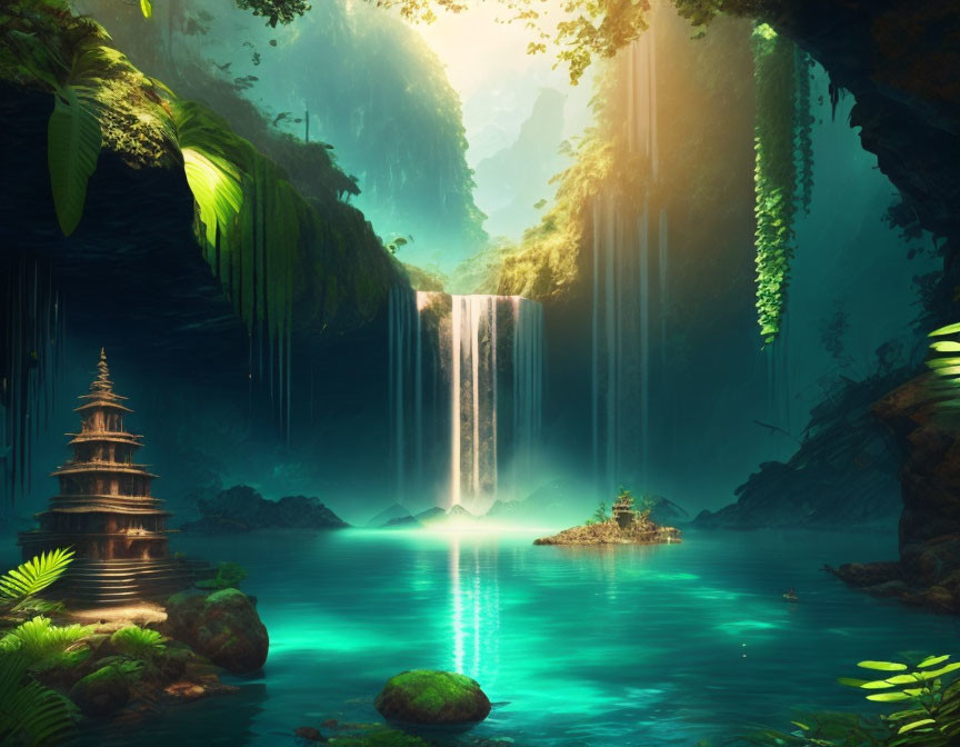 Tranquil fantasy landscape with waterfall, pagoda, and lagoon