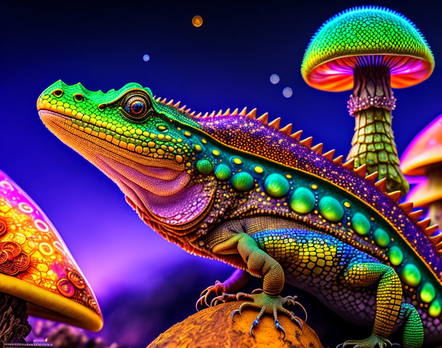 Colorful digital artwork: Iguana with intricate patterns and glowing mushrooms