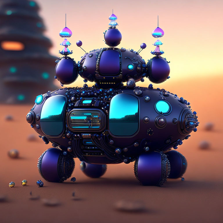 Futuristic spherical submarine vehicle on sandy terrain at dusk or dawn