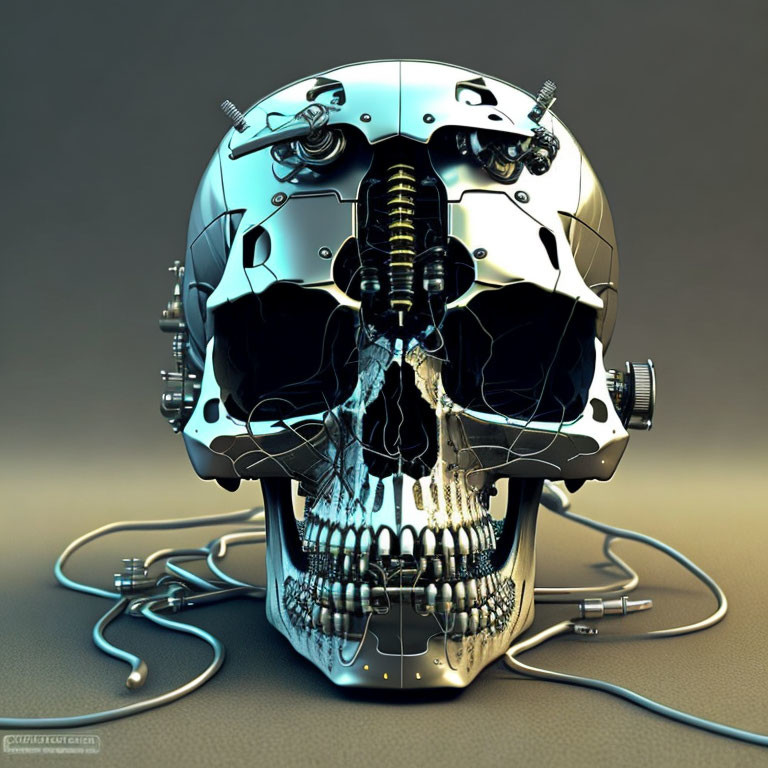 Detailed robotic skull illustration on beige background