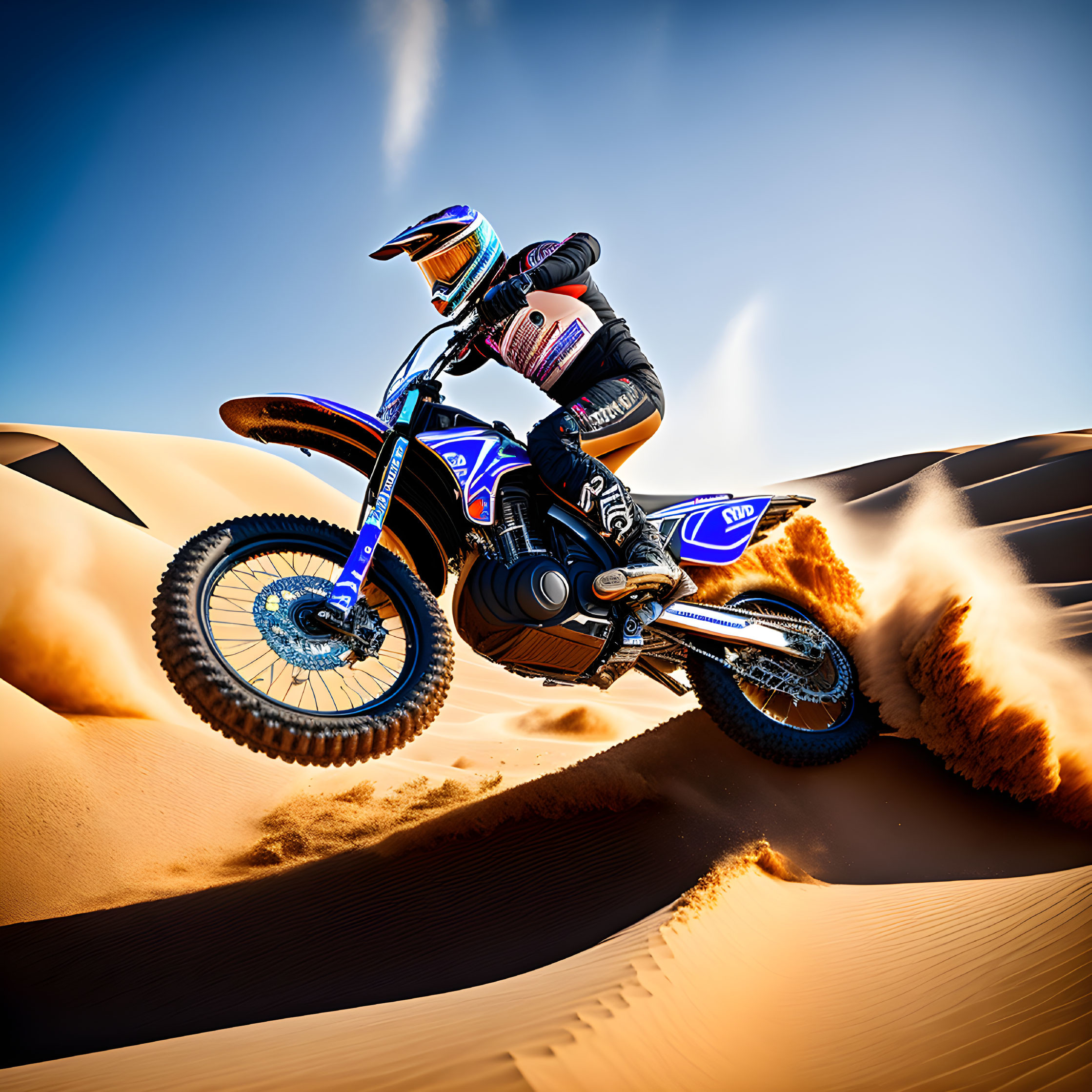 Motocross rider in full gear jumps on sand dune against clear sky