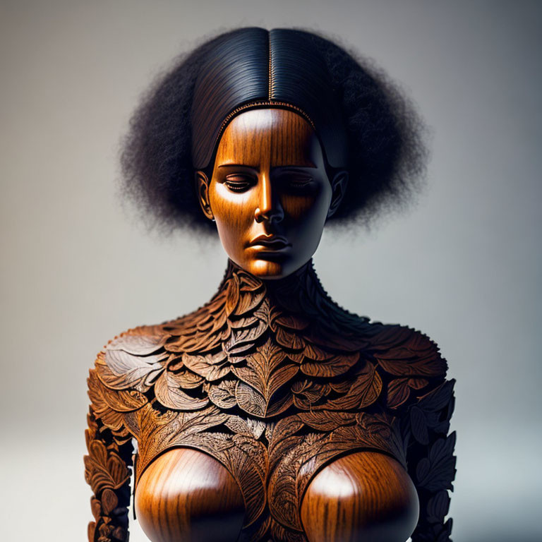 Stylized image of female figure with wooden-textured skin and etched leaf patterns