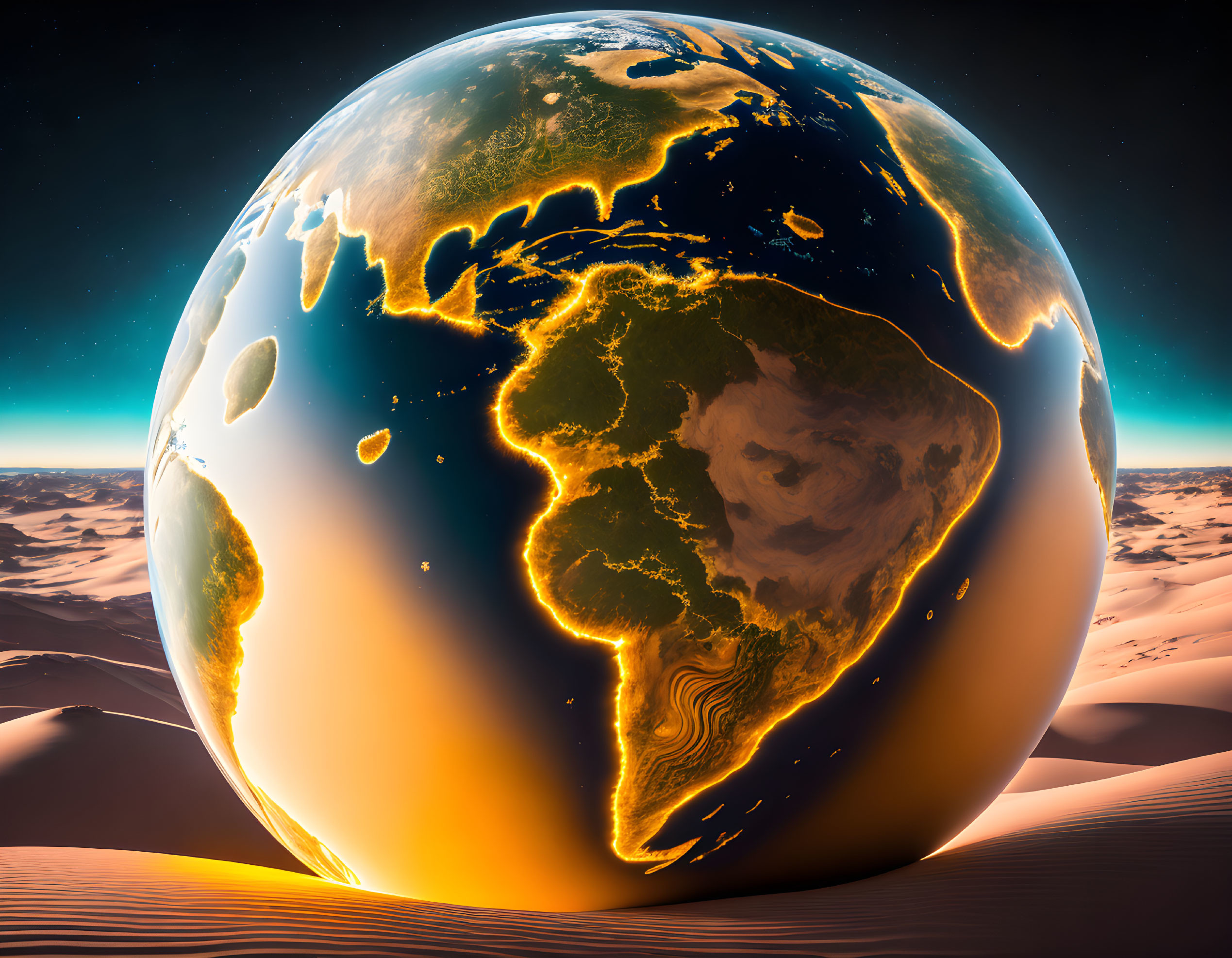 Hyperrealistic glowing Earth globe over Americas on desert landscape at twilight