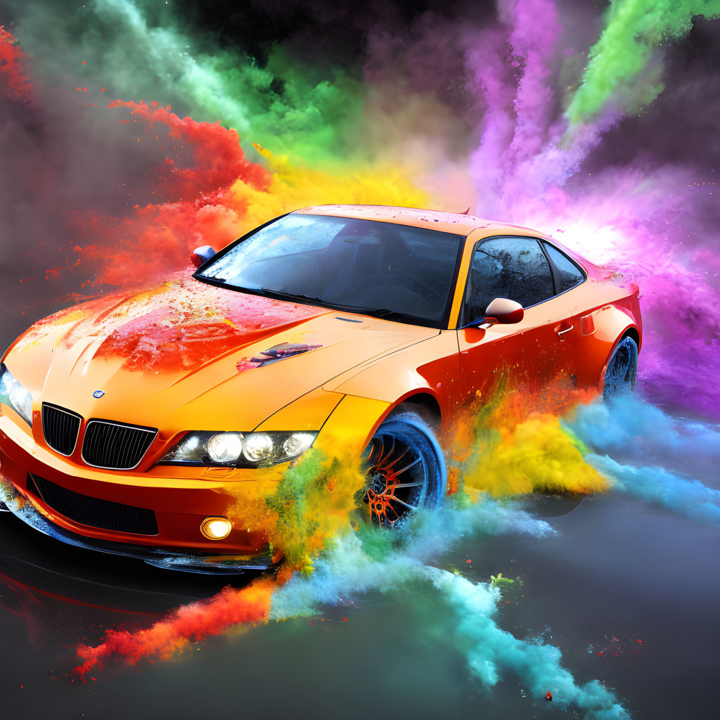 Vibrant orange sports car with colorful paint splashes in background